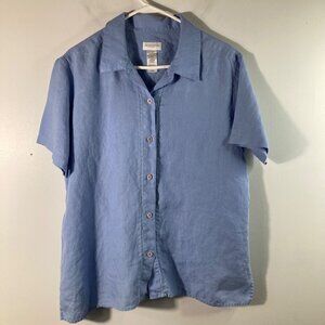 Womens Liz Claiborne Linen Button Shirt Short Sleeve Lace Detail Collar XL‎ Blue